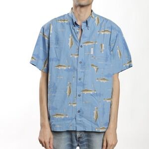 Columbia River Lodge Men's Blue Fish Print Short Sleeve Button Up‎ Shirt Size L